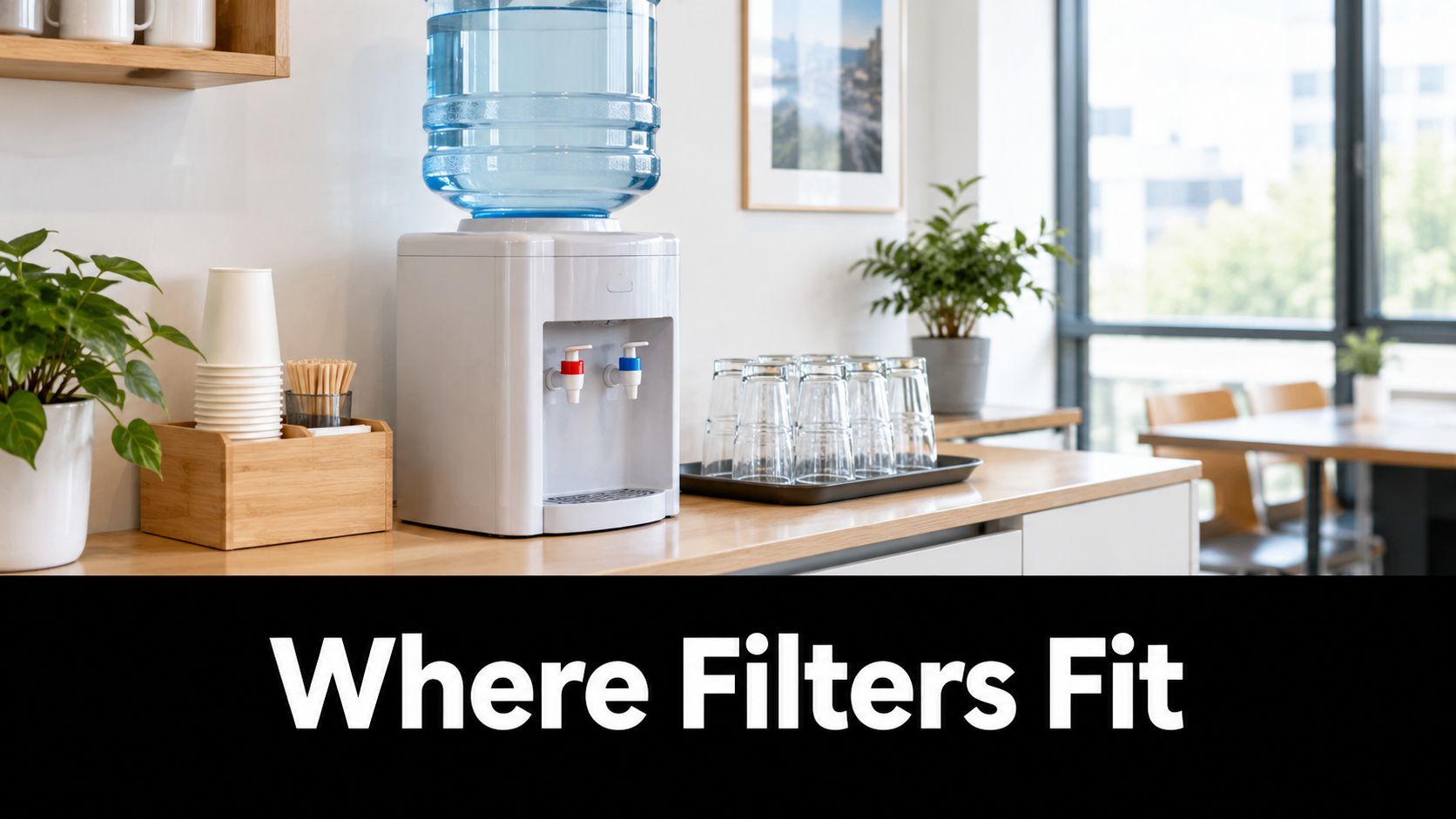 A modern water cooler machine sits on a wooden counter with cups in an office kitchen setting.