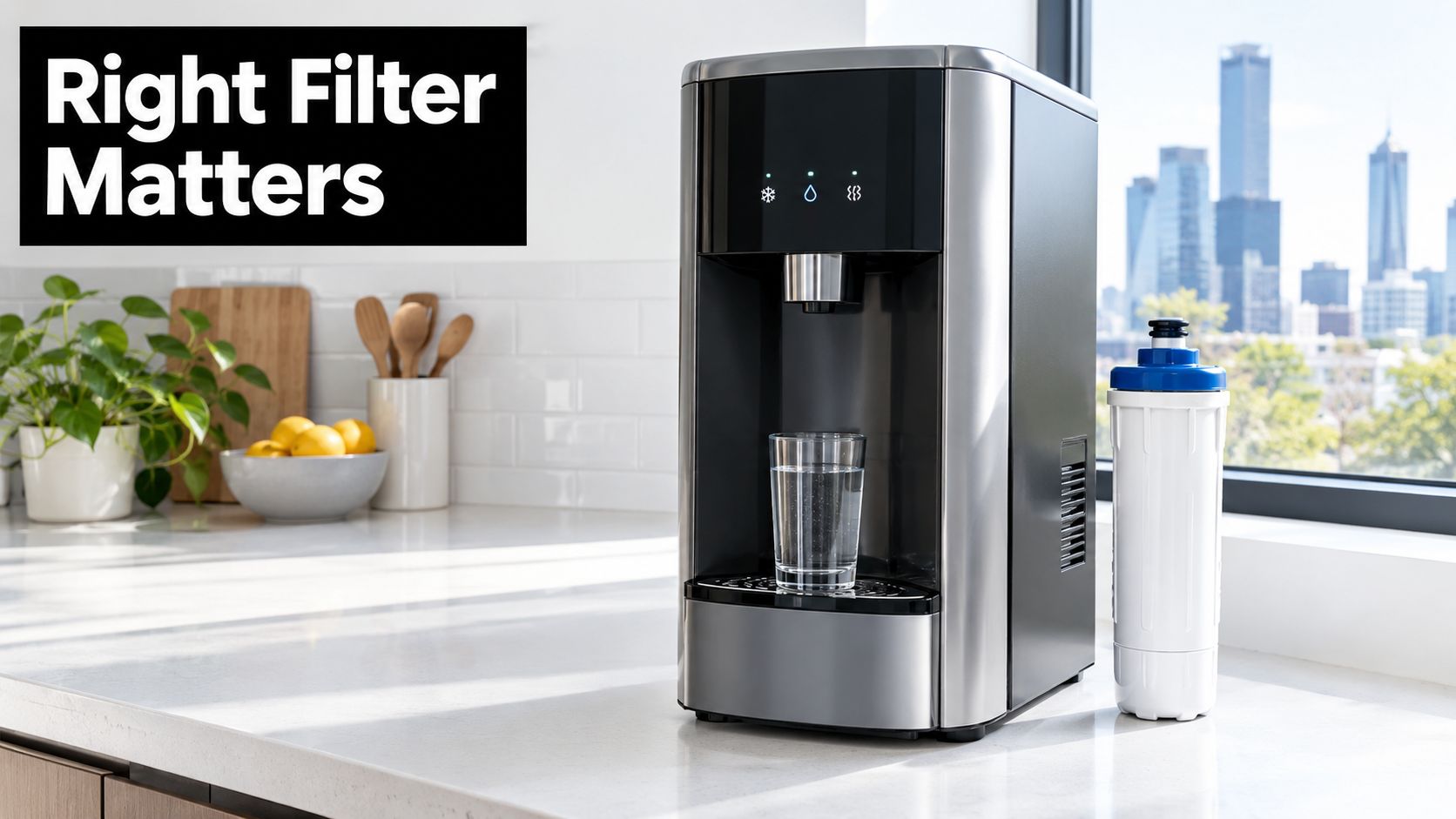A modern countertop water cooler dispenser with a filter cartridge standing on a white kitchen counter.