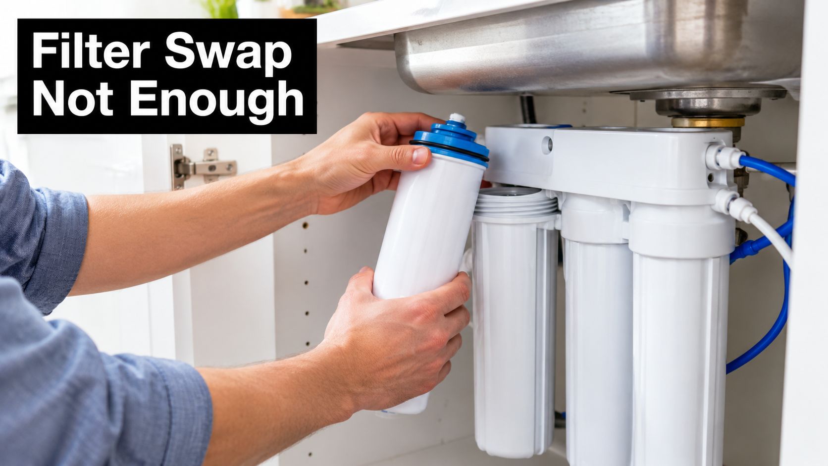 A person installing a new white replacement cartridge into an under-sink water filtration system in a cabinet.