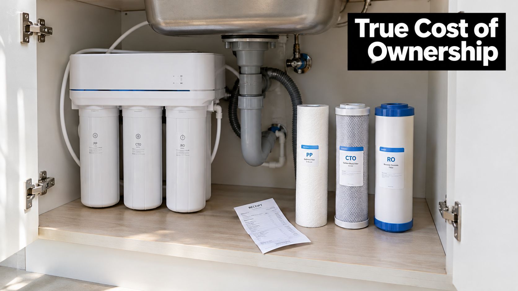 An under-sink reverse osmosis water filtration system with replacement filter cartridges and a receipt on display.