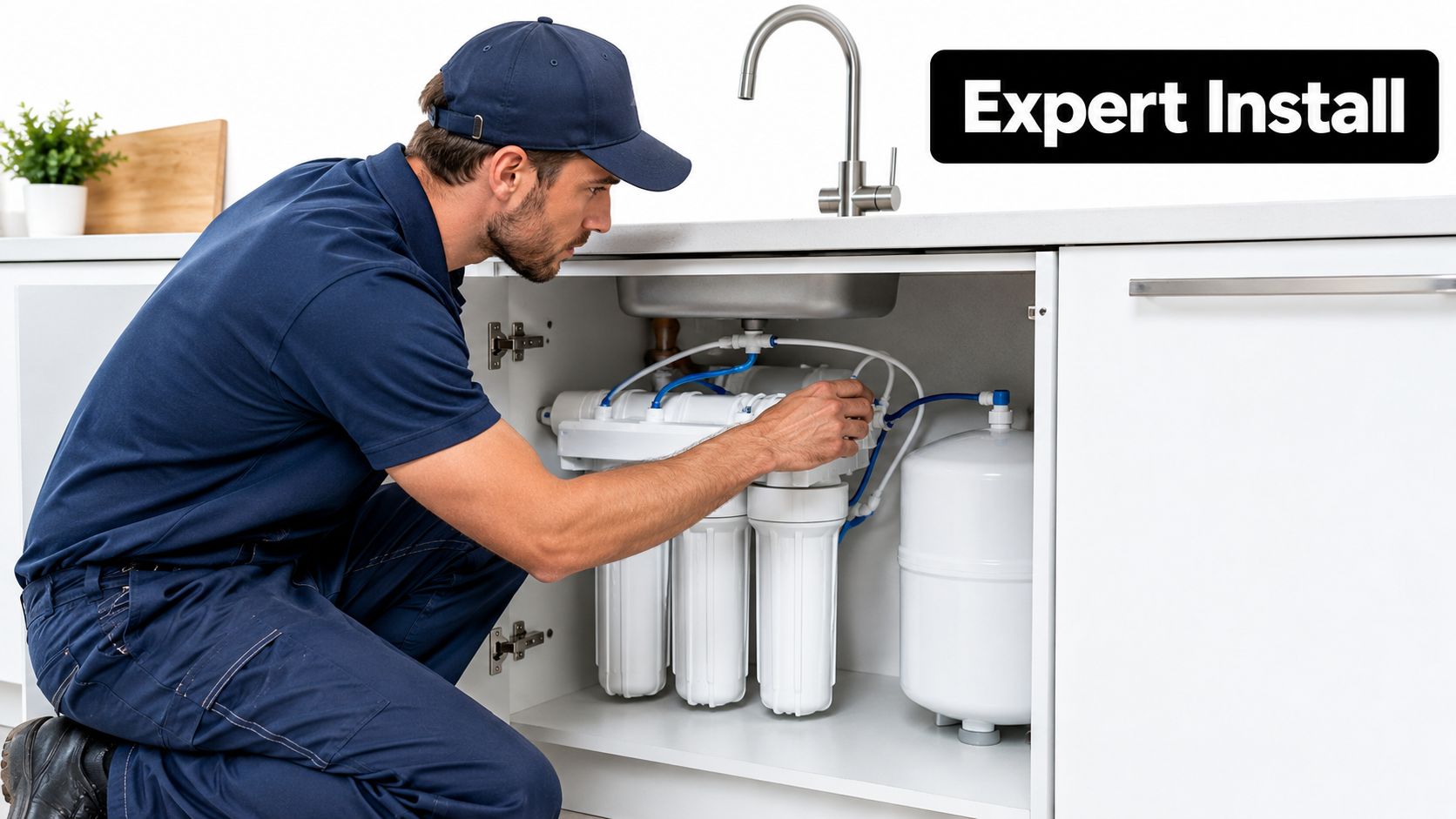 A professional plumber installing an under-sink water filtration system in a modern kitchen cabinet.