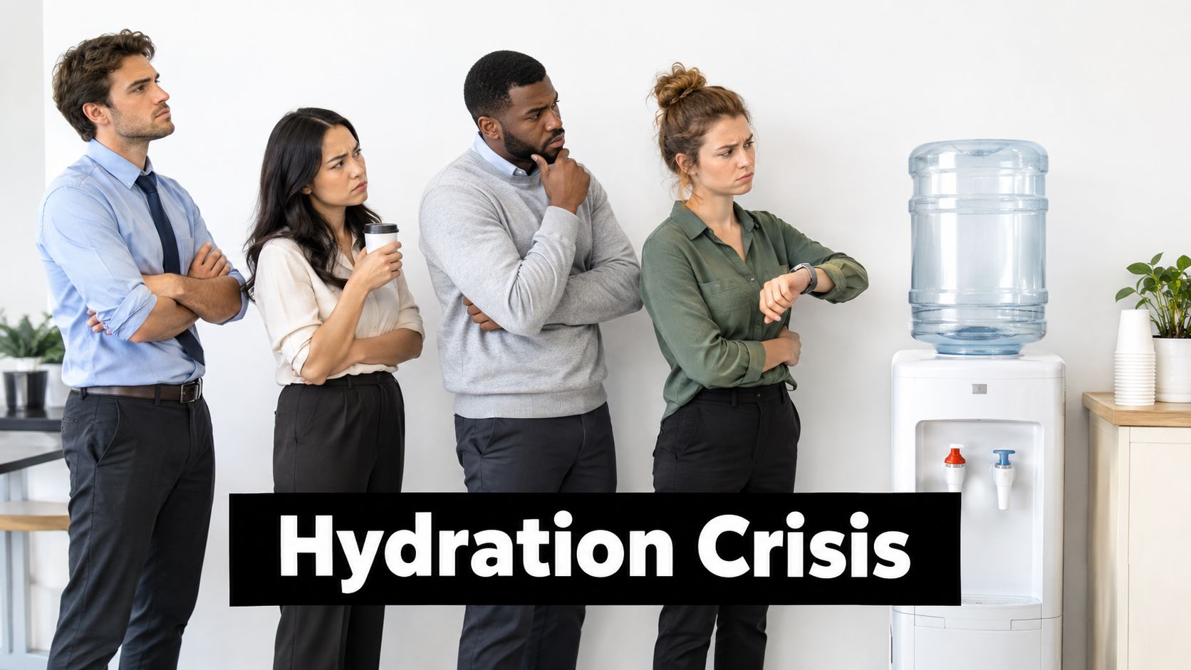 Four professional office workers look frustrated while waiting in a line for an empty water cooler.