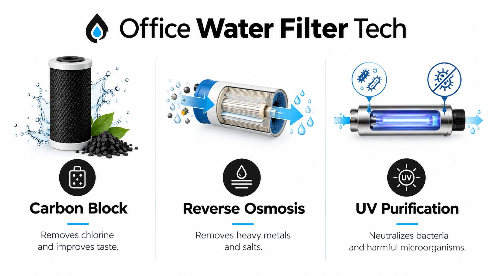 An infographic detailing the three main water filtration technologies for office water coolers including carbon, osmosis, and UV.