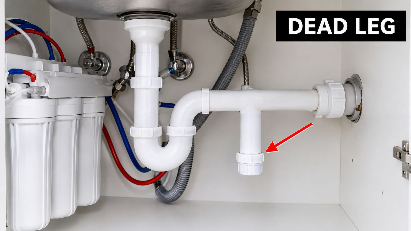 A close-up of a kitchen sink drainage pipe featuring an incorrect dead leg installation under the counter.