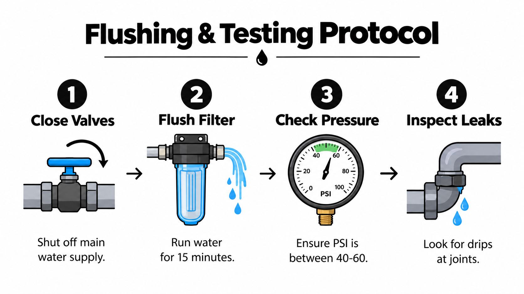 An instructional infographic detailing the four-step flushing and testing protocol for a water filtration system installation.
