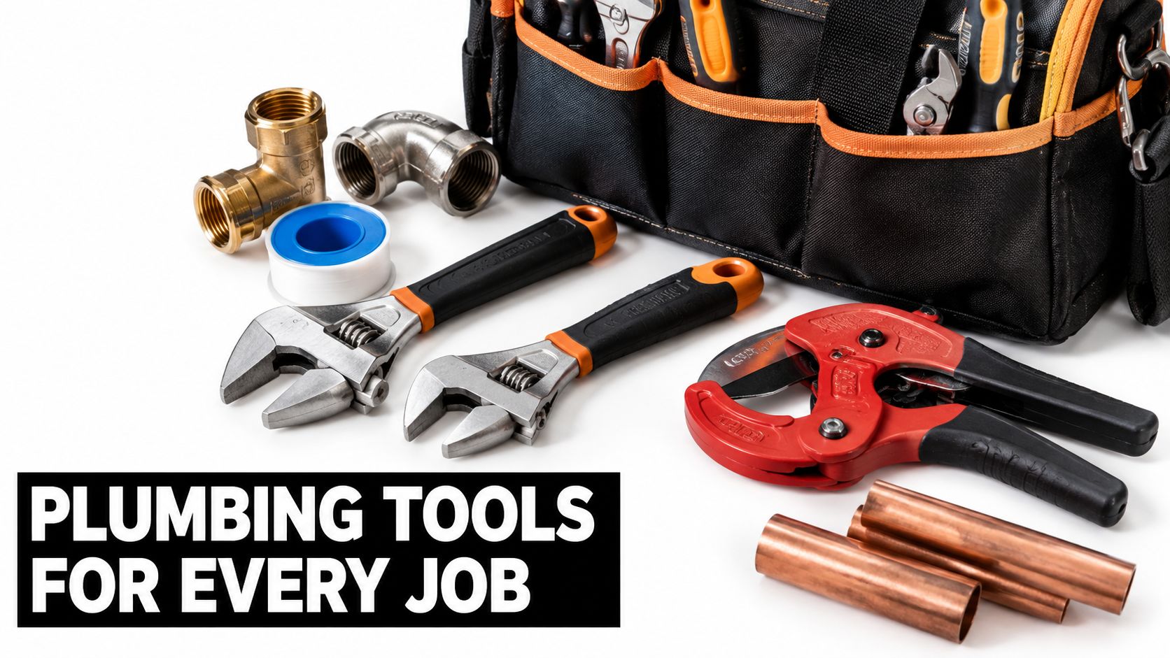 Professional plumbing tools including adjustable wrenches, a pipe cutter, metal fittings, and copper pipes in a kit.