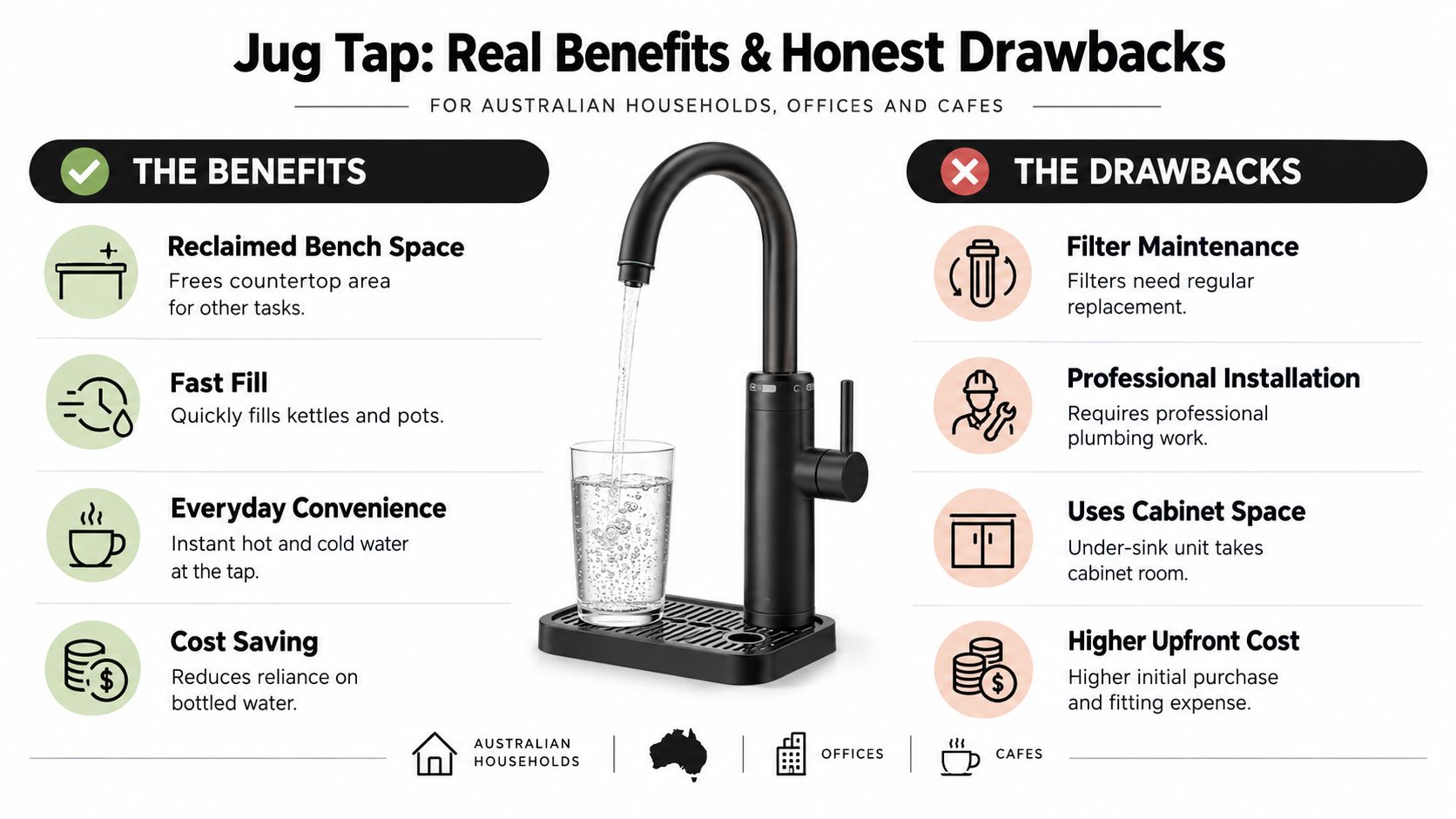 An infographic comparing the benefits and drawbacks of installing a jug tap for Australian homes and businesses.