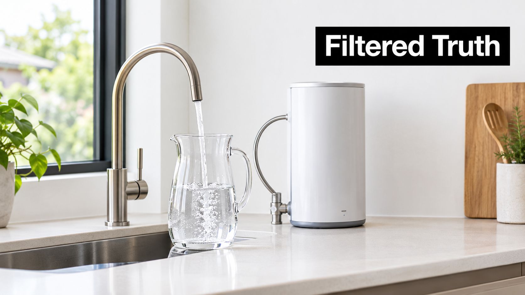 A sleek water filter pitcher sits on a modern kitchen counter being filled by a faucet.